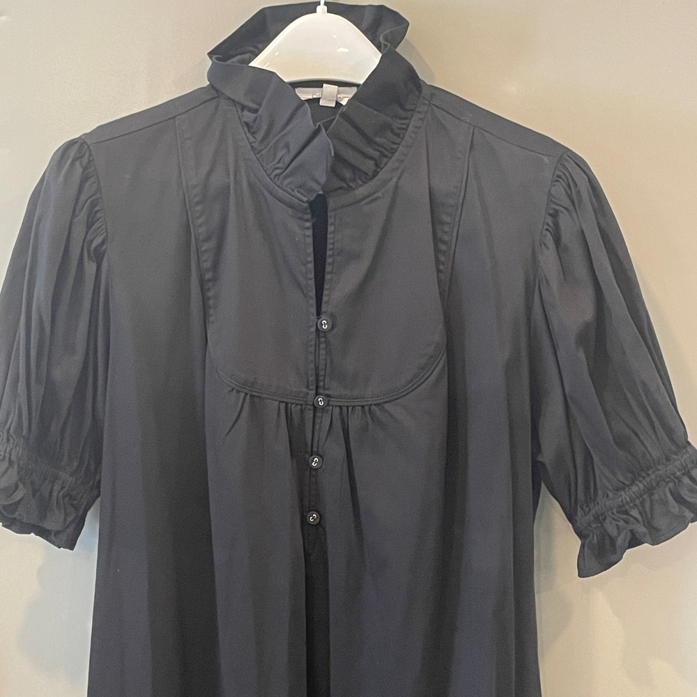 S'EDGE Black Ruffle Neck Puff Sleeve Mini Dress Bib Front Cotton Poplin L